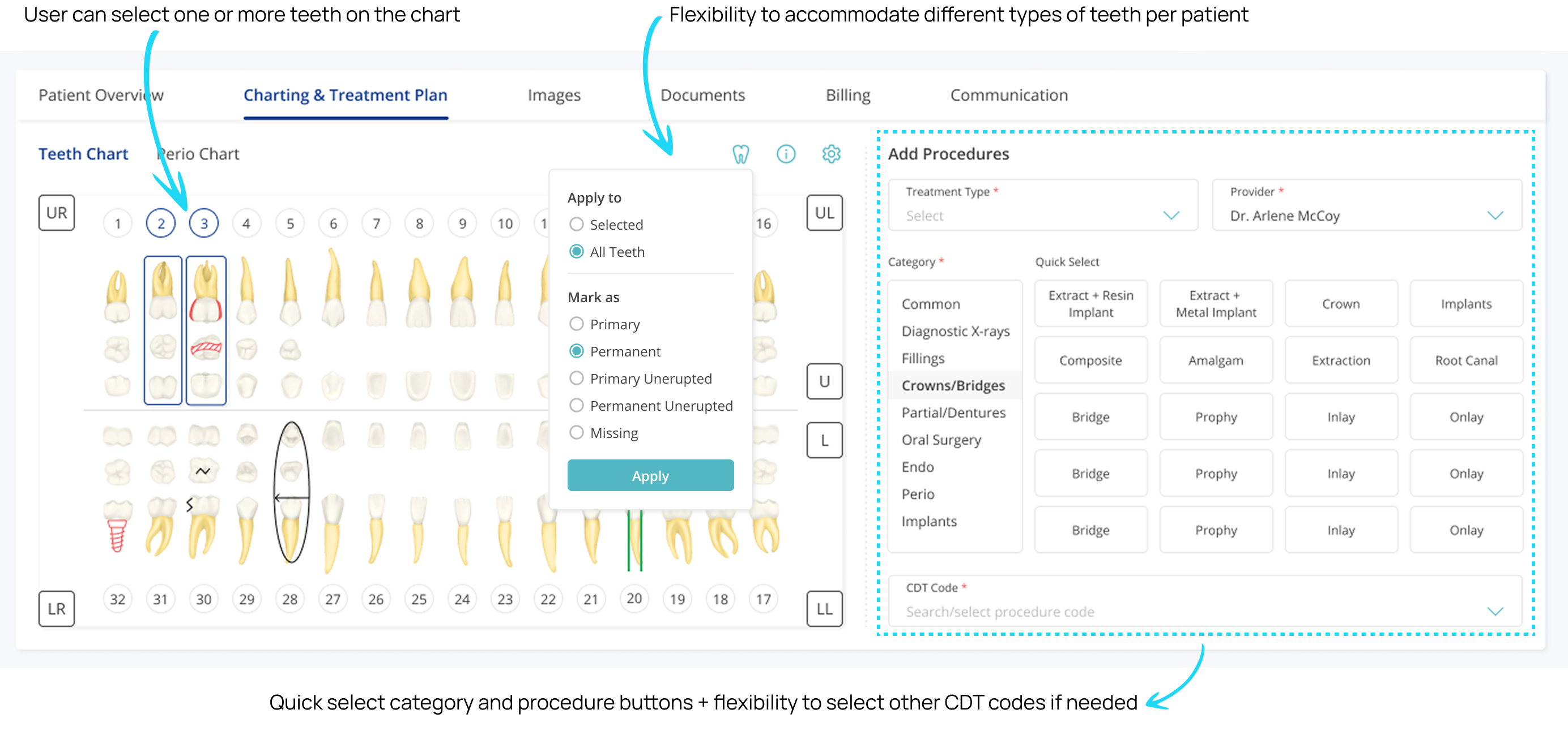 Charting flow: persistent side panel and quick-select procedure buttons