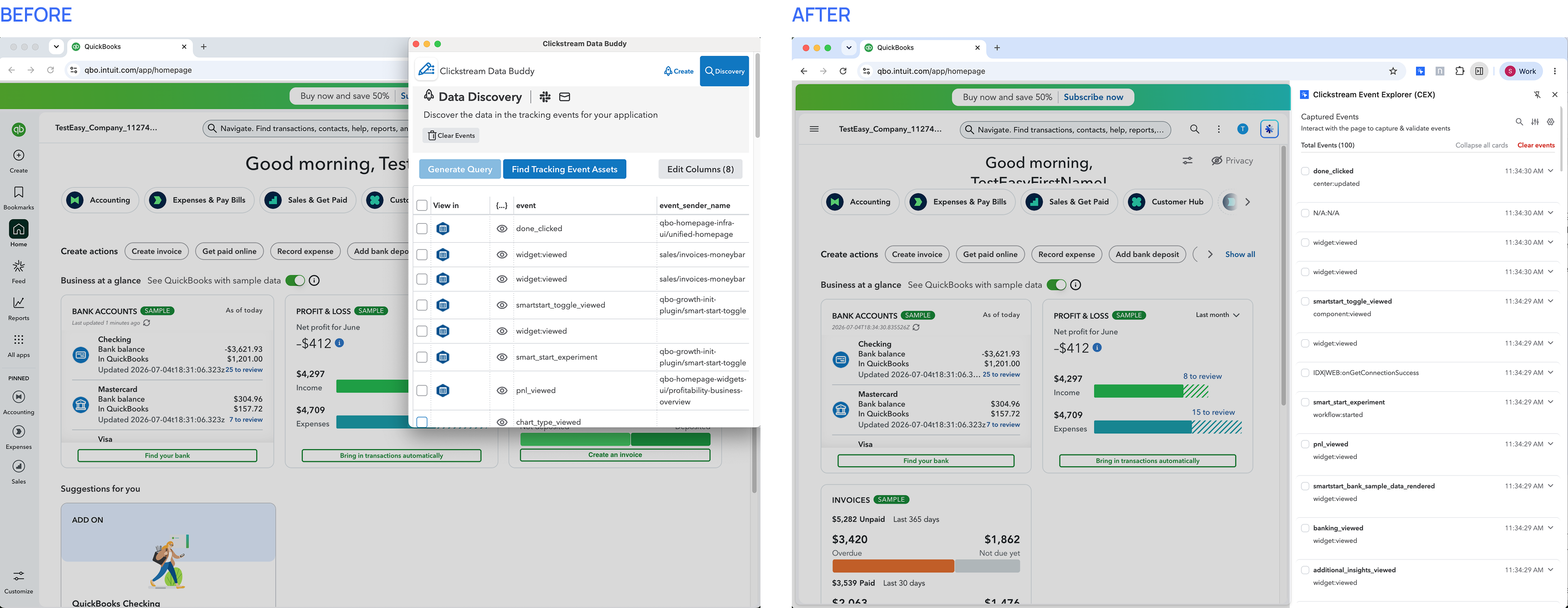 Previous tool with floating window vs New chrome extension side panel docked layout comparison
