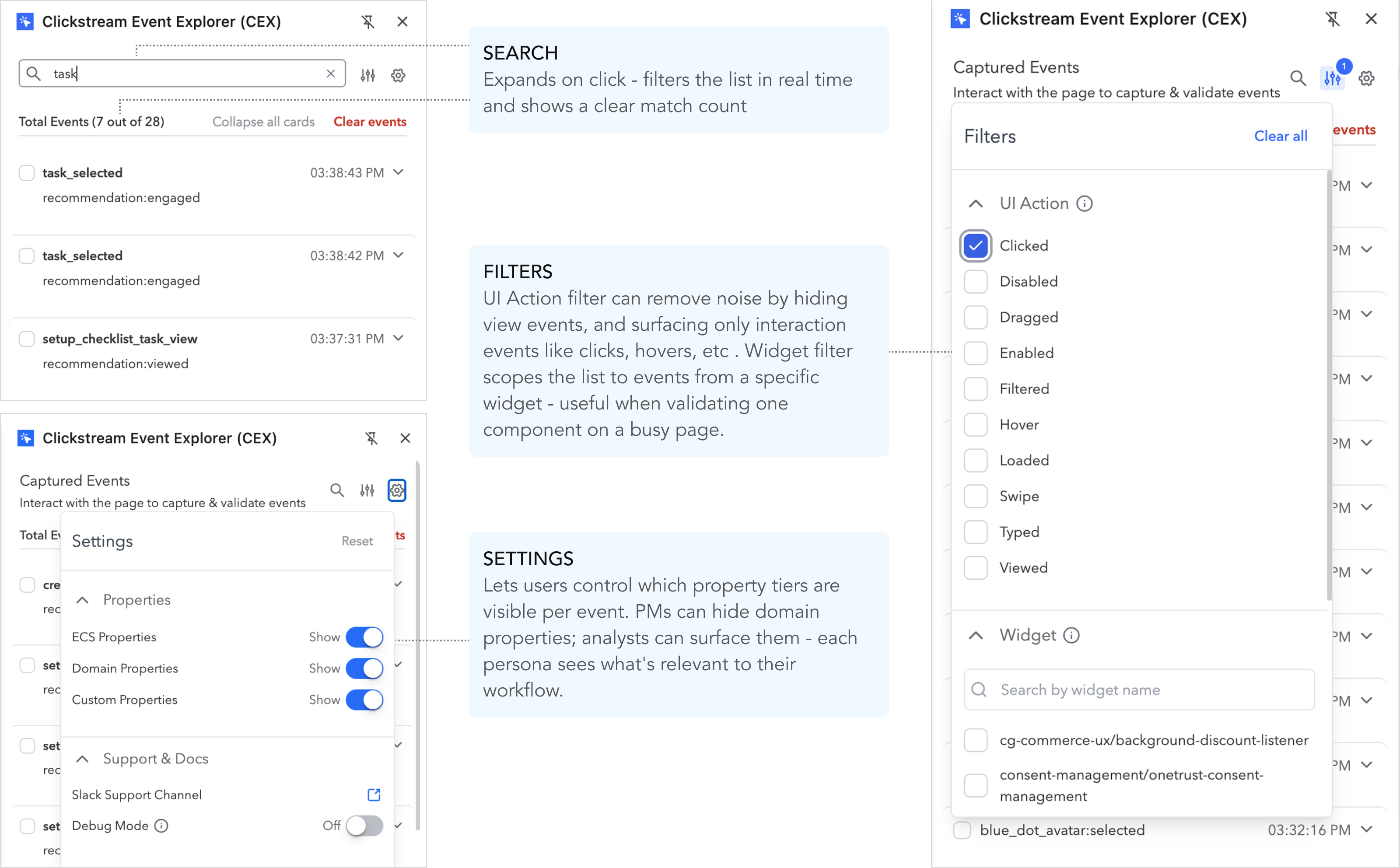 Search, filtering and settings - controls that let users narrow down on events and customize their view