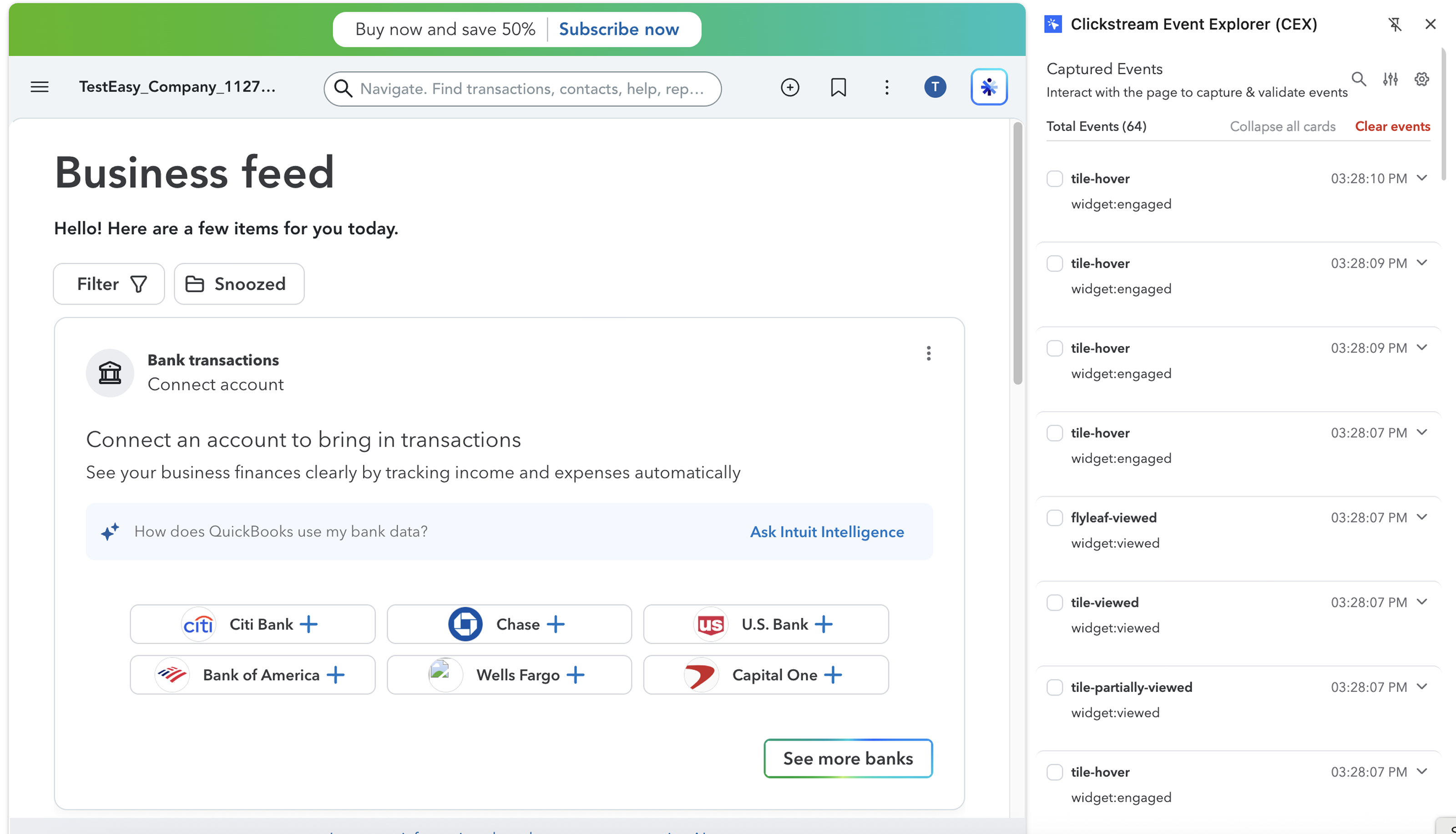 CEX panel open alongside a live Intuit product page