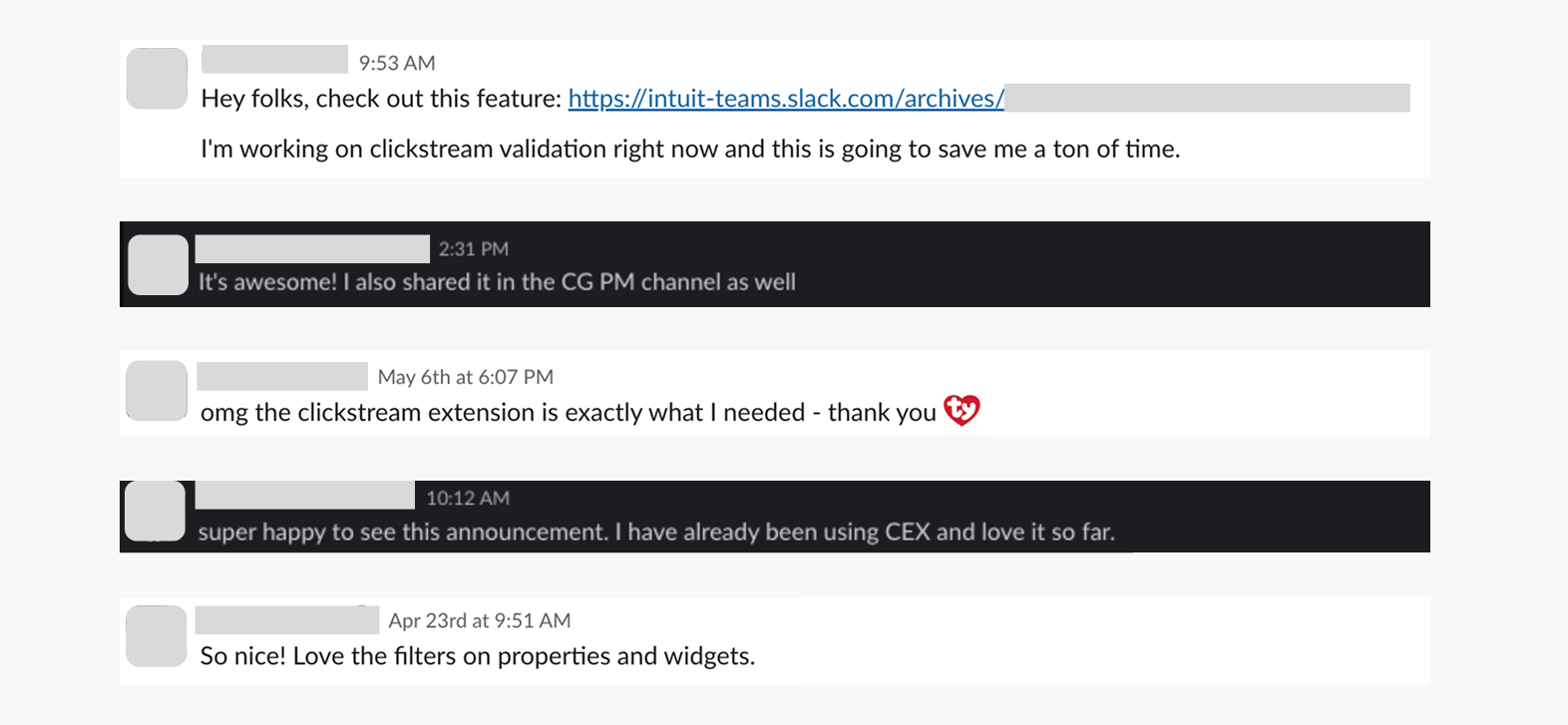 Slack messages from PMs, data scientists, and engineers praising CEX